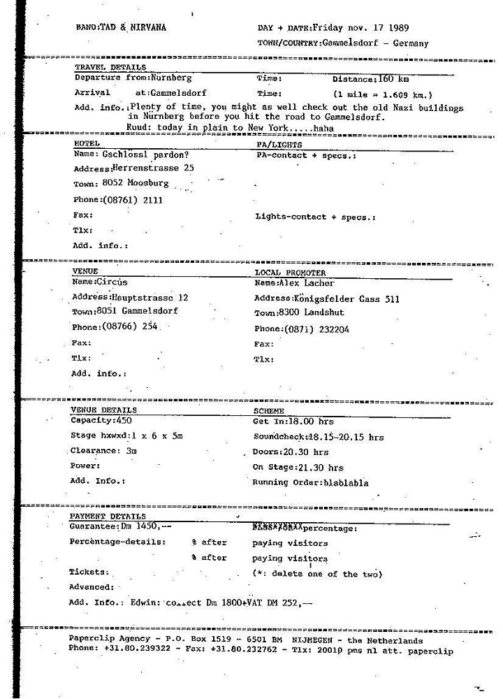 Nirvana's tour itinerary