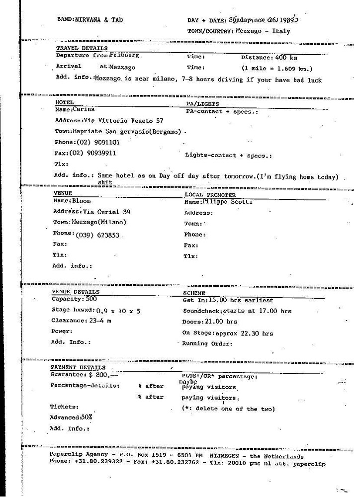 Nirvana's tour itinerary