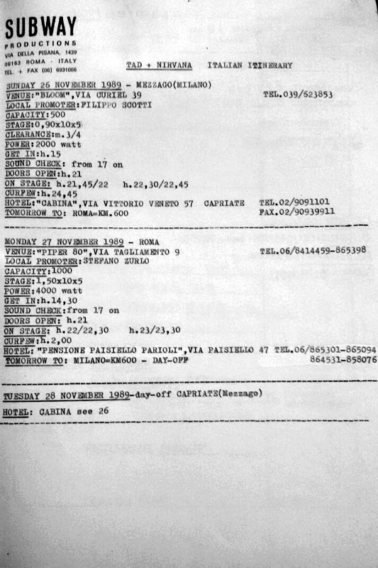 Nirvana's tour itinerary