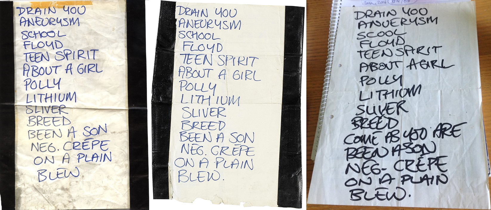 Handwritten setlist