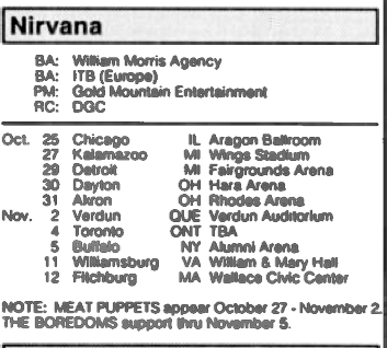 Nirvana's tour itinerary